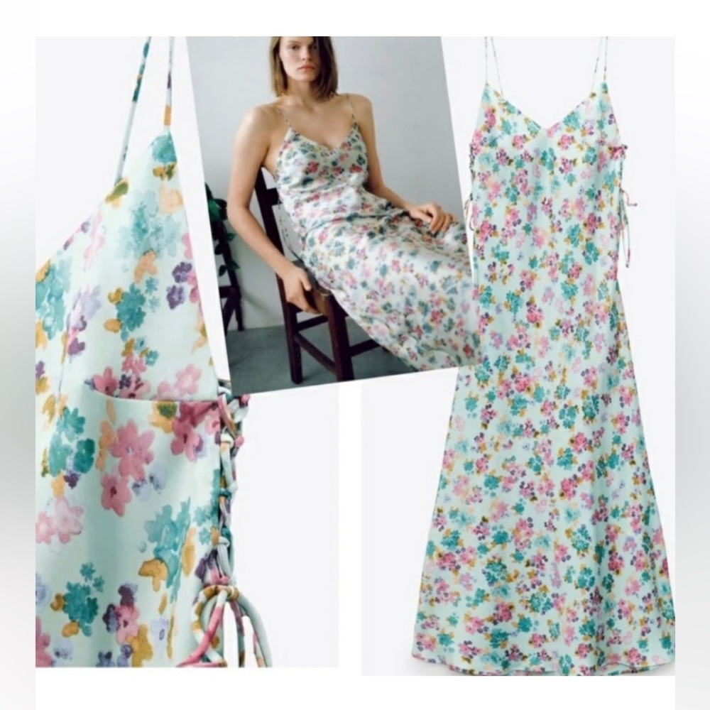 Floral Satin Texture Maxi Dress with Ties